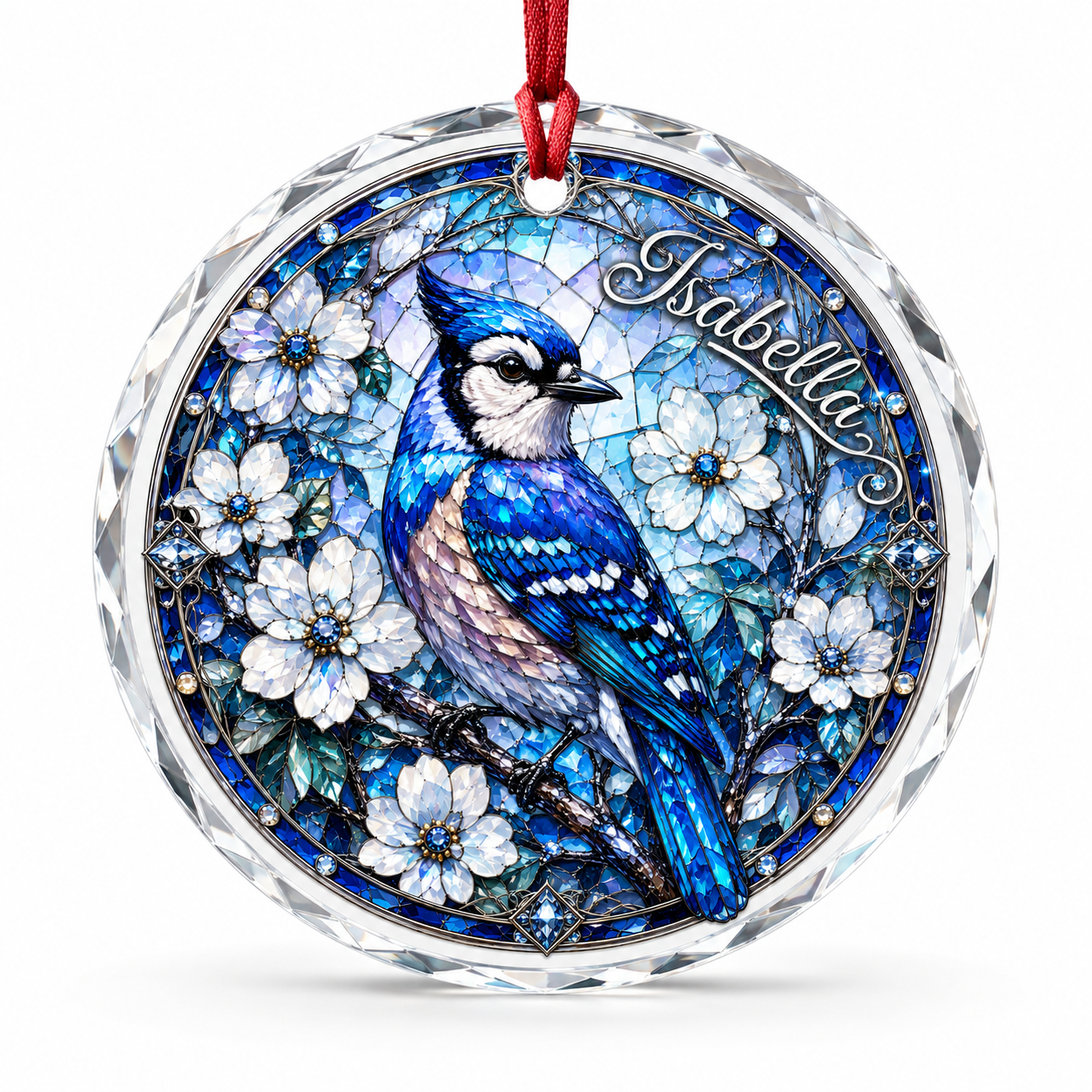 Blue Jay Stained Glass Ornament - Personalized