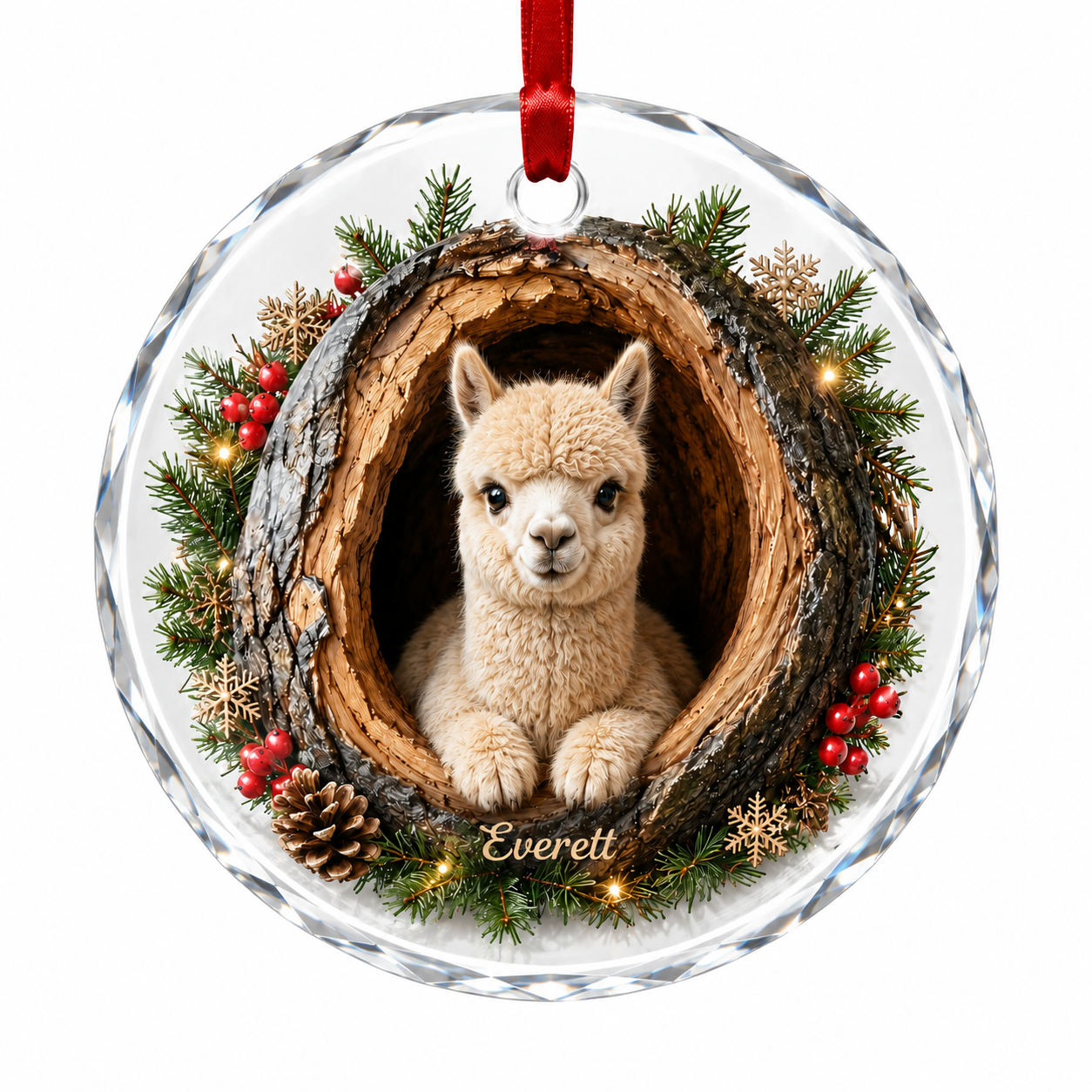 Alpaca in a Tree Hollow Ornament - Personalized