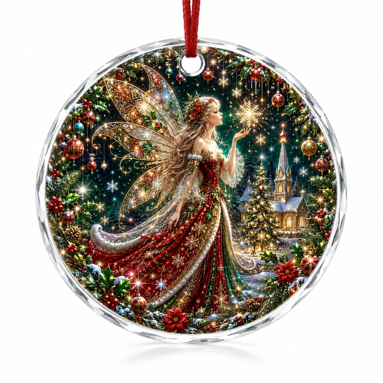 Christmas fairy glass ornament hanging from a red satin ribbon